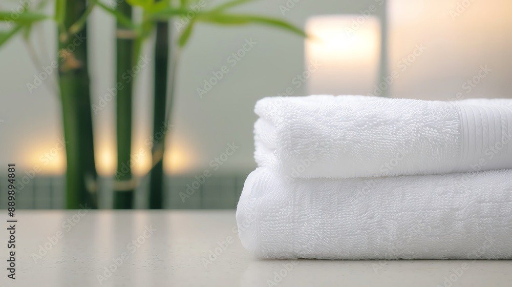 Stacked white towels with bamboo and candles in the background, creating a relaxing and spa-like atmosphere. Stacked white towels with bamboo and candles in the background, creating a relaxing and spa-like atmosphere.