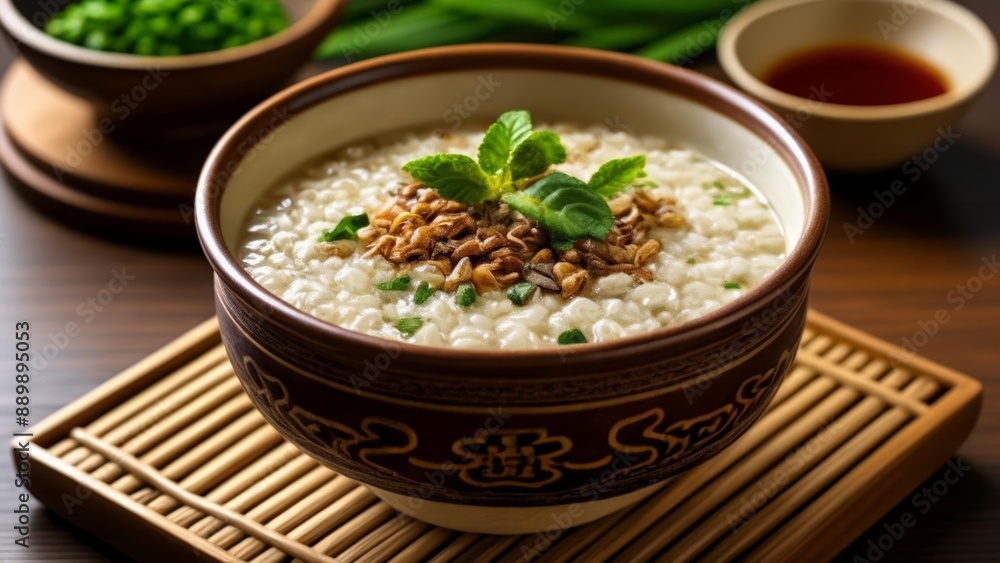 Delicious bowl of rice porridge with toppings ready to be enjoyed Delicious bowl of rice porridge with toppings ready to be enjoyed
