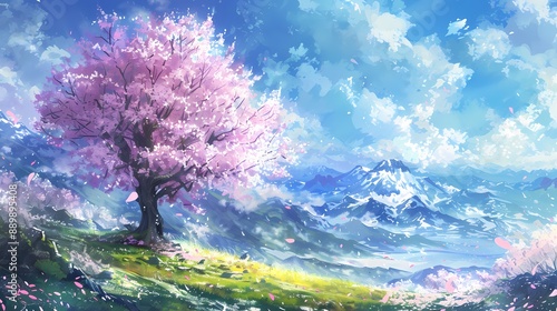 Pink sakura tree on a mountain meadow with a breathtaking view.