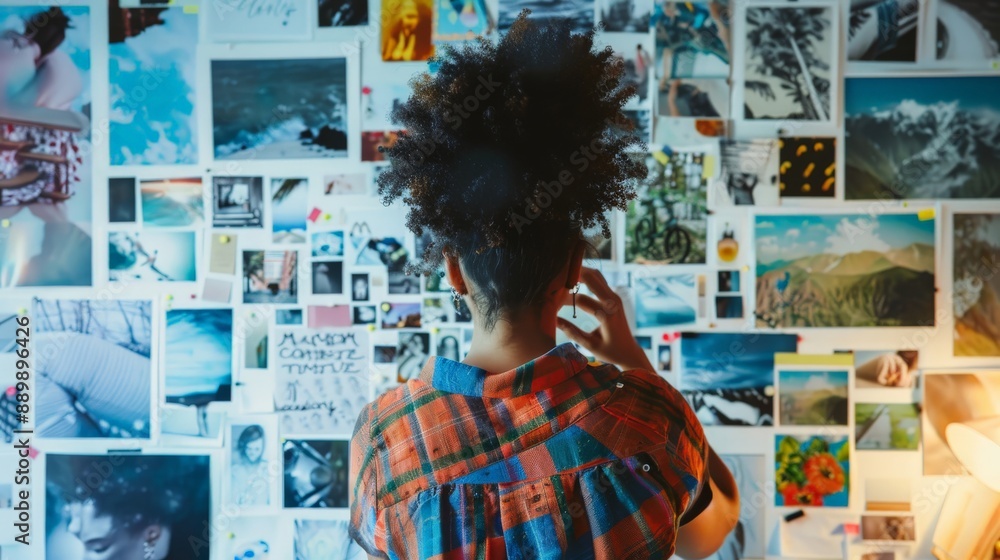 A woman creating a vision board with images and quotes that inspire and motivate her A woman creating a vision board with images and quotes that inspire and motivate her