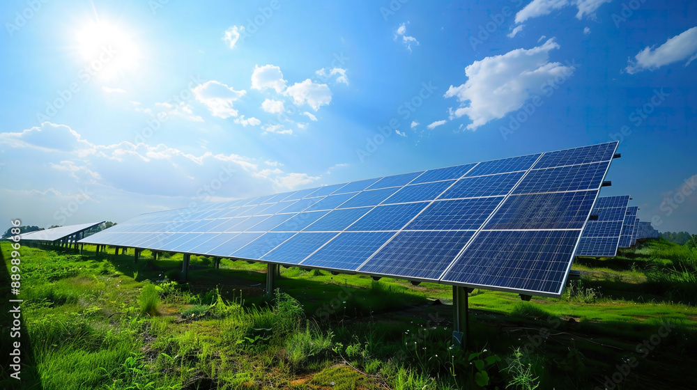 Cinematic image of multiple rows of solar panels in a vibrant green landscape clear blue skies natural lighting showcasing sustainable and renewable energy Cinematic image of multiple rows of solar panels in a vibrant green landscape clear blue skies natural lighting showcasing sustainable and renewable energy