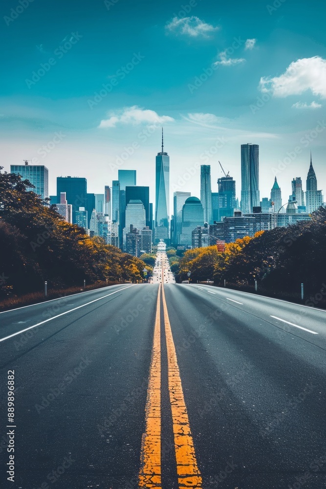 A road leading to the horizon. There's a city at the end of the road A road leading to the horizon. There's a city at the end of the road