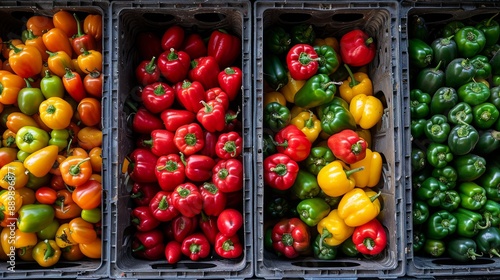 Various sweet peppers in plastic box, food storage or market photo