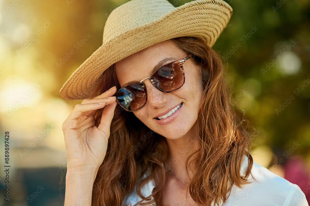 Woman, hat and sunglasses in outdoor with happiness for vacation, travel or relax in Thailand. Female tourist, nature or smile for holiday or wellness in tropical climate, journey with sun safety Woman, hat and sunglasses in outdoor with happiness for vacation, travel or relax in Thailand. Female tourist, nature or smile for holiday or wellness in tropical climate, journey with sun safety
