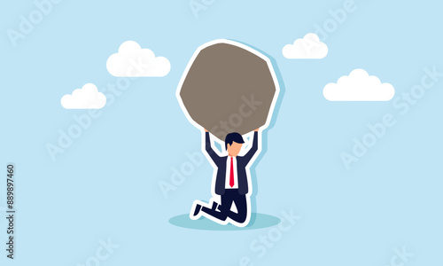 Work responsibilities, pressure, debt burden, challenges, struggles, overwork, effort, or punishment, concept of A tired businessman carries a heavy boulder in an Atlas pose