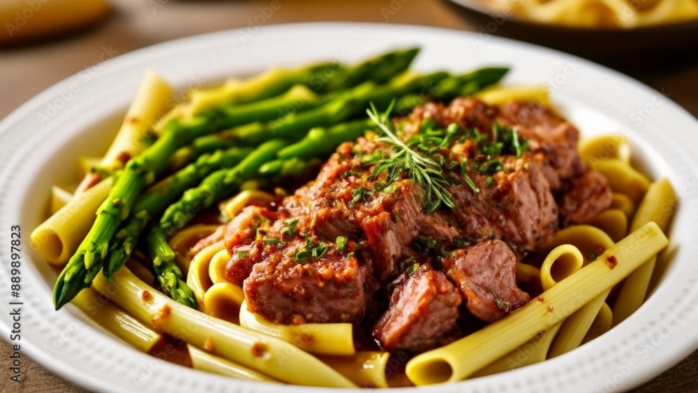 Delicious pasta dish with succulent meat and fresh asparagus Delicious pasta dish with succulent meat and fresh asparagus