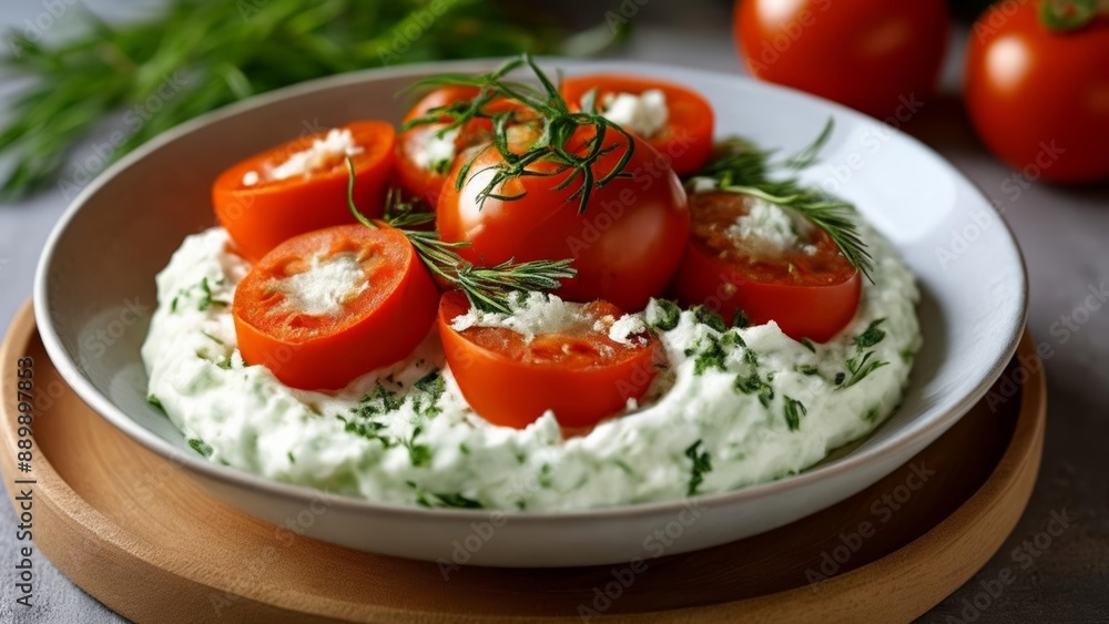 Freshly sliced tomatoes and creamy dip a summery appetizer delight Freshly sliced tomatoes and creamy dip a summery appetizer delight