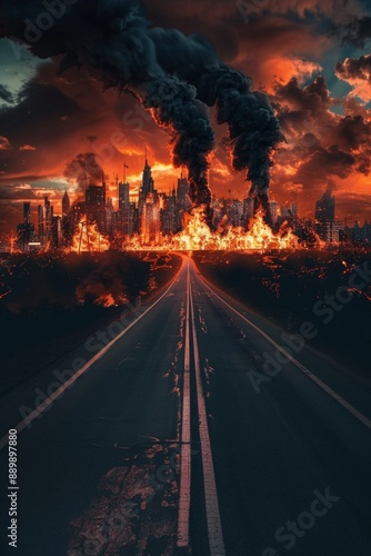 A road leading to the horizon. There's a city burning with black smoke at the end of the road