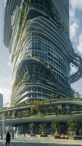 Futuristic skyscraper with lush greenery and busy pedestrian scene in urban environment