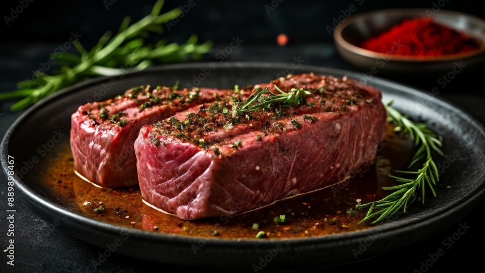 Deliciously seasoned steak ready to be savored Deliciously seasoned steak ready to be savored