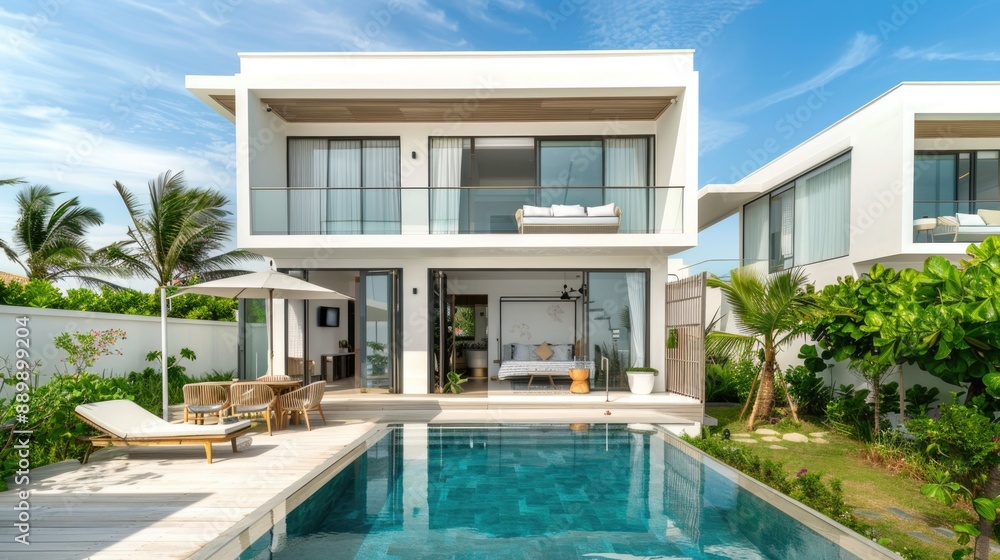 Obraz premium Luxury modern white beach hotel with swimming pool. Sunbed on sundeck for vacation home or hotel