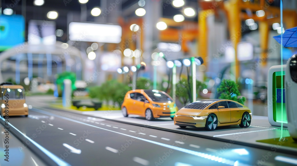 Photorealistic depiction of a sustainable transportation expo with displays of electric vehicles and clean energy solutions detailed and vibrant Photorealistic depiction of a sustainable transportation expo with displays of electric vehicles and clean energy solutions detailed and vibrant
