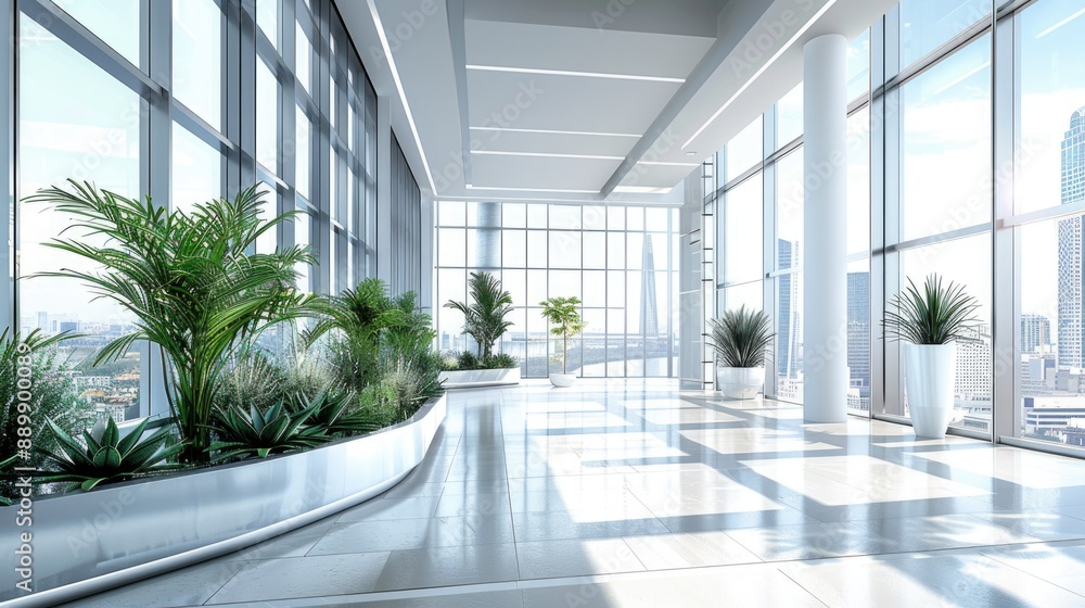 Sunlight fills the spacious, airy rooms. Biophilic design in a minimalist, white interior with plants. View of the city from the panoramic windows. Ecological, green and modern interior concept Sunlight fills the spacious, airy rooms. Biophilic design in a minimalist, white interior with plants. View of the city from the panoramic windows. Ecological, green and modern interior concept
