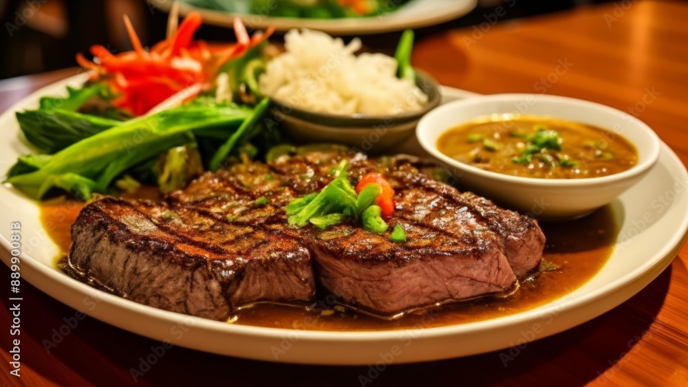 Deliciously grilled steak with a side of rice and soup ready to be savored Deliciously grilled steak with a side of rice and soup ready to be savored