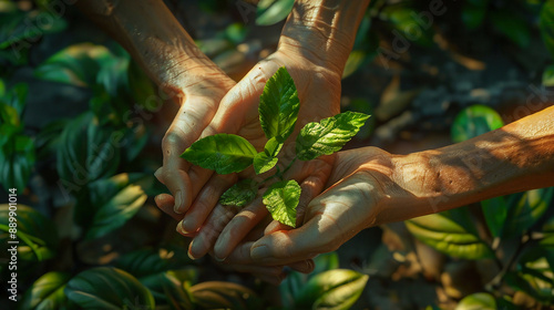 Photorealistic image of hands stacked together in unity holding a small green plant symbolizing human relationships and sustainability surrounded by vibrant greenery natural lighting © InfinitiDesigns