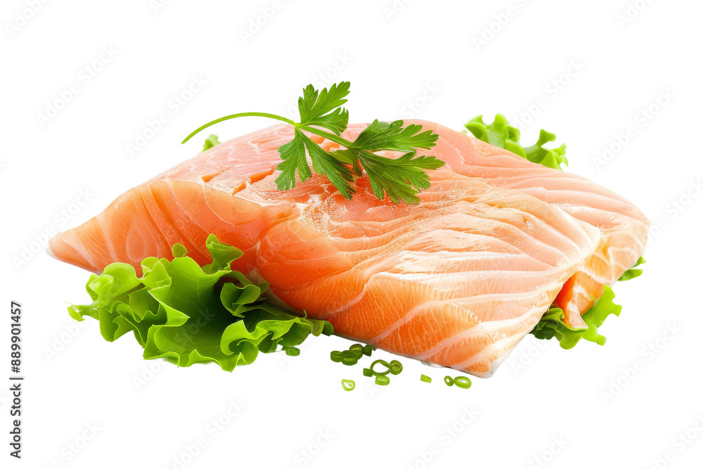 Raw Salmon Fillet with Green Parsley and Lettuce on Black Background Raw Salmon Fillet with Green Parsley and Lettuce on Black Background