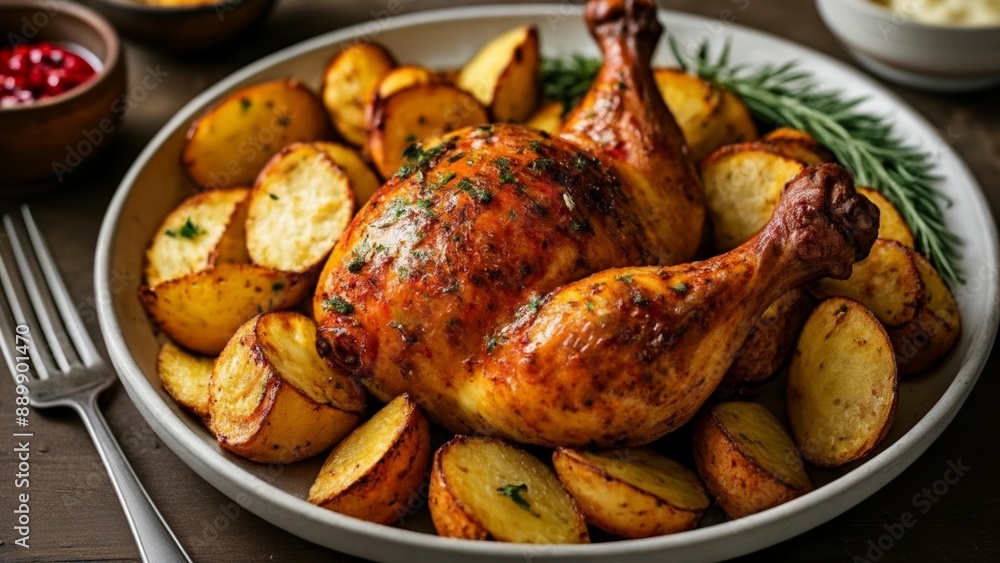 Deliciously roasted chicken and potatoes ready to be savored Deliciously roasted chicken and potatoes ready to be savored