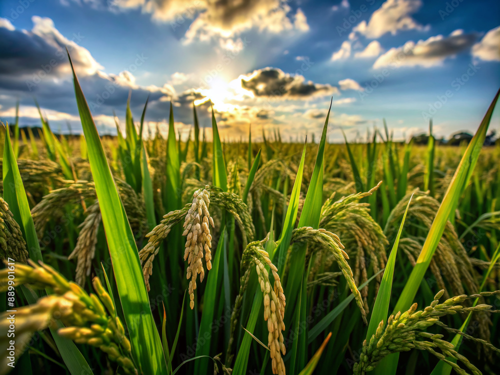 Fototapeta premium green wheat field, nature, green, agriculture, blue, summer, plant, meadow, wheat, landscape, cloud, spring, farm, crop
