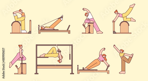 People are exercising with Pilates equipment. Various Pilates postures. outline flat style illustration.