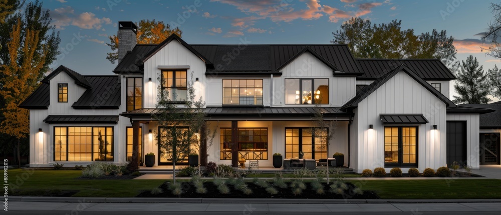Beautiful modern farmhouse style luxury home exterior at twilight Beautiful modern farmhouse style luxury home exterior at twilight