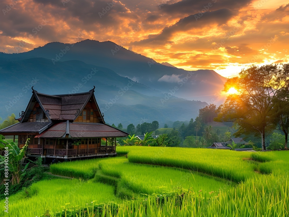 Quaint Thai Traditional-Style House Nestled in Lush Rice Paddy Fields with Mountainous Horizon at Sunset Quaint Thai Traditional-Style House Nestled in Lush Rice Paddy Fields with Mountainous Horizon at Sunset