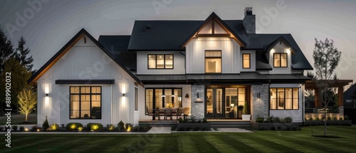 Beautiful modern farmhouse style luxury home exterior at twilight