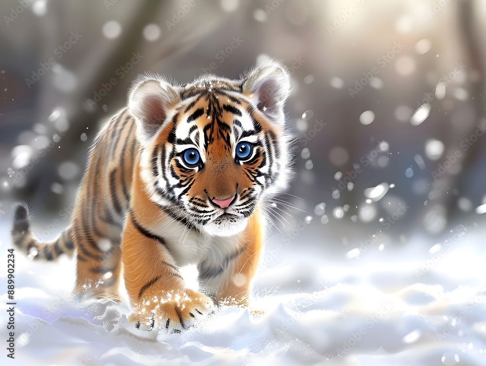 Obraz premium Adorable Baby Tiger Cub Exploring Snowy Landscape in Cartoon Painting Style
