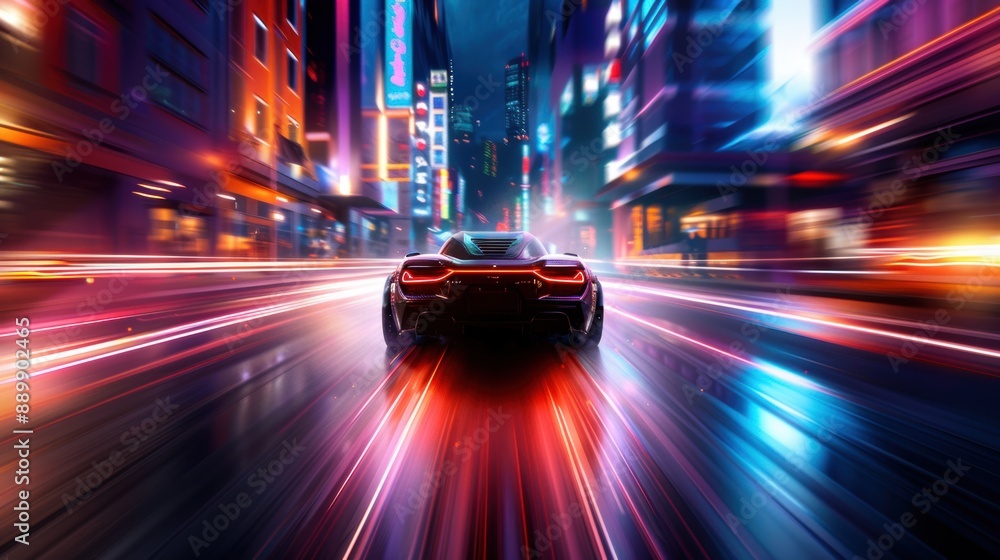 A car is driving down a city street with neon lights in the background A car is driving down a city street with neon lights in the background