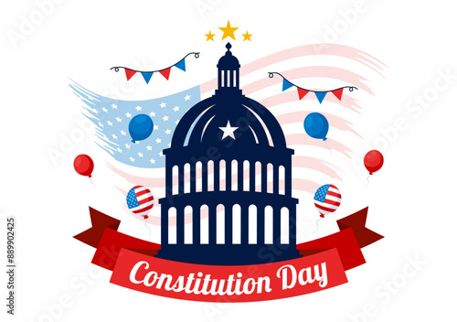 Happy Constitution Day United States Vector Illustration Vector Illustration on September 17th with an American Waving Flag and the Capitol Building