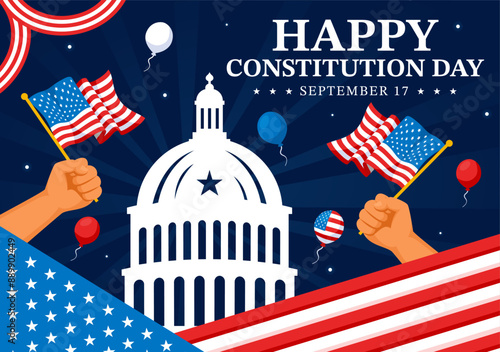 Happy Constitution Day United States Vector Illustration Vector Illustration on September 17th with an American Waving Flag and the Capitol Building