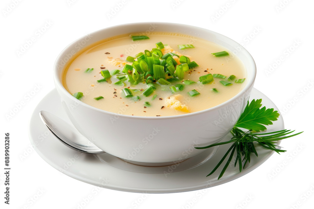 Creamy Soup with Green Onions in White Bowl Creamy Soup with Green Onions in White Bowl