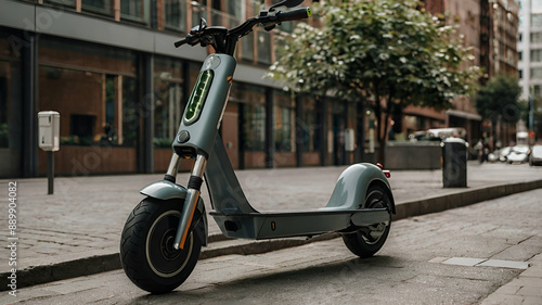 Electric scooter for sharing on a city street.