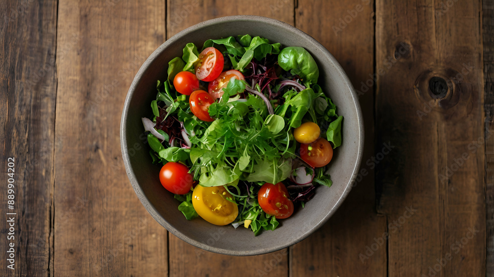 bowl of salad with vegetables and greens on wooden table with copy space. bowl of salad with vegetables and greens on wooden table with copy space.