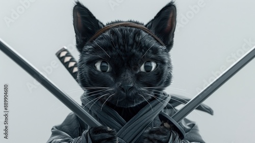 Black cat dressed as a ninja holding two swords, featuring a unique and humorous take on a classic warrior theme. photo