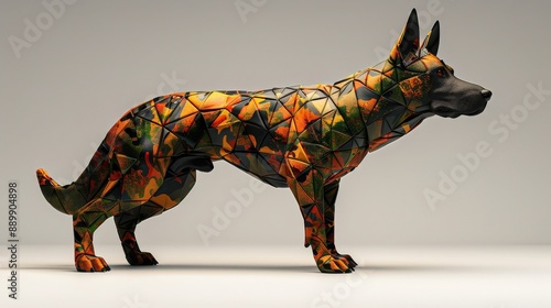 Colorful, geometric German Shepherd sculpture against neutral background, merging art and animality with vibrant, angular patterns.