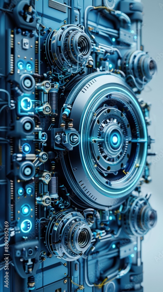 Futuristic mechanical structure with glowing blue lights, showcasing intricate engineering and advanced technology. Futuristic mechanical structure with glowing blue lights, showcasing intricate engineering and advanced technology.