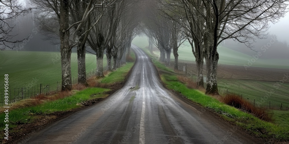 Fototapeta premium Early Spring: Foggy Road Through Trees