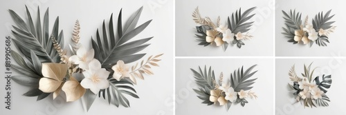 Elegant floral arrangement featuring delicate flowers and tropical leaves on a white background. Perfect for nature-inspired designs and decor.