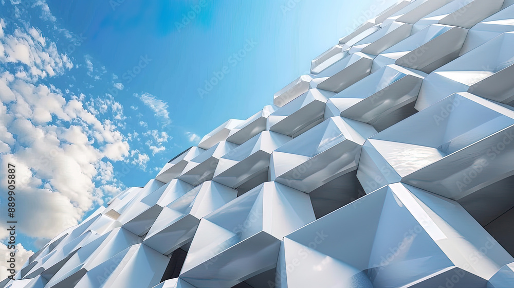 Obraz premium minimalist 3d rendering of geometric wall against blue sky, --chaos 5 --ar 16:9 Job ID: fa8677d9-589e-417e-95c9-2b32ac5b724c