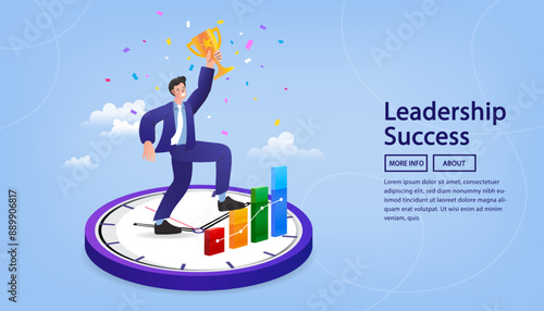 A successful leader celebrates a major victory in this vector illustration, holding a trophy while standing on a rising growth chart that acts as a winner's podium.