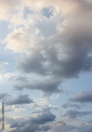 It's a blue sky with atmospheric puffy clouds.