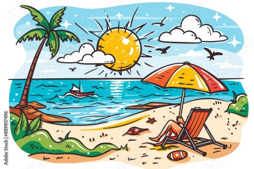 Playful beach scene with palm trees sun and beach gear capturing summer fun and vibrant energy in a colorful and cheerful setting