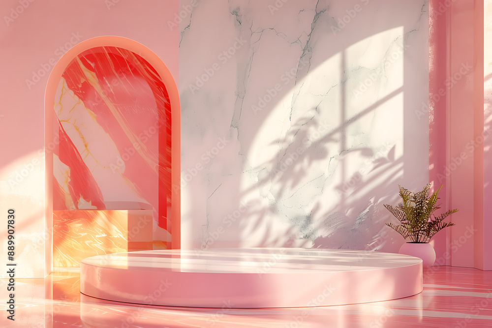 Refined display pedestal with a pink marble arch design, gently illuminated by soft sunlight, ideal for presenting products or art. Refined display pedestal with a pink marble arch design, gently illuminated by soft sunlight, ideal for presenting products or art.