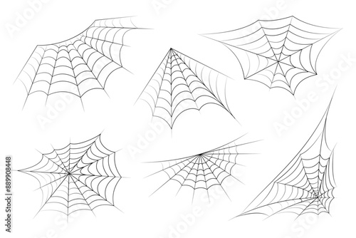 Set of Halloween cobweb spider. Black and white vector illustration