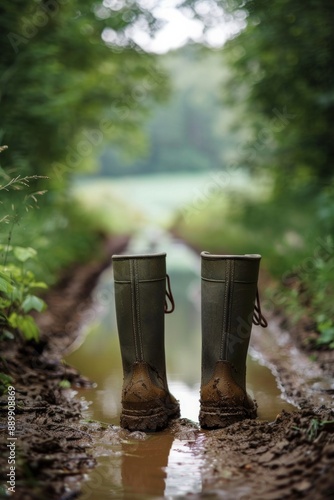 Rain boots standing by a muddy path, with a softly blurred background of a rainy countryside scene. 