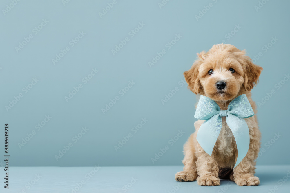 Charming small white dog with a bow on a light blue background. Ideal for pet boutiques, online pet stores, and pet-themed blogs. Use this image for social media posts, website banners, and marketing Charming small white dog with a bow on a light blue background. Ideal for pet boutiques, online pet stores, and pet-themed blogs. Use this image for social media posts, website banners, and marketing