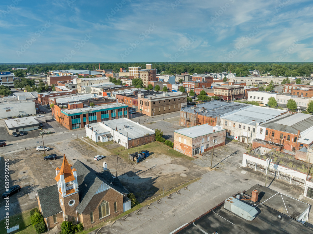 Aerial view of Rocky Mount Nash County North Carolina, typical small town USA with main street, Methodist church, public buildings Aerial view of Rocky Mount Nash County North Carolina, typical small town USA with main street, Methodist church, public buildings