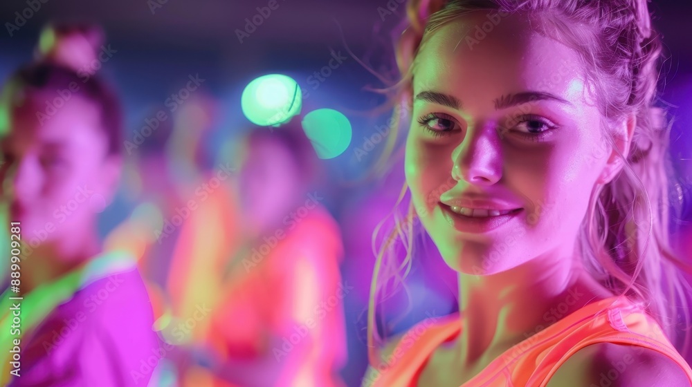 Vibrant Neon Party with Smiling Young Woman in Focus and Colorful Lights in Background Vibrant Neon Party with Smiling Young Woman in Focus and Colorful Lights in Background