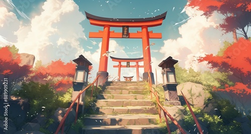 A vibrant and colorful anime-style illustration of a traditional Japanese torii gate. Perfect for anime, manga, and Japanese culture-themed designs.