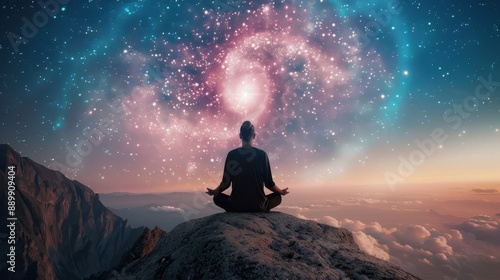 Meditative Person Sitting on Mountain Peak Under Starry Sky with Vibrant Galaxy and Nebula